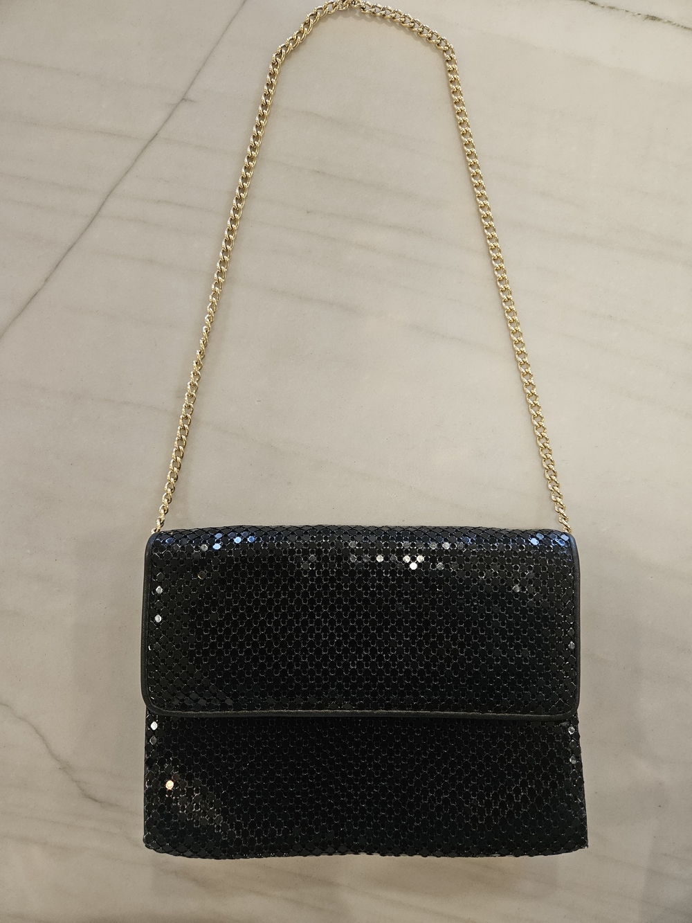 Whiting and Davis Vintage Black Metal Mesh Evening Clutch Purse Gold Strap